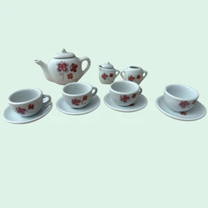 Vintage Miniatur Porzellan Kinder Teeservice rote Blume Schmetterling 11-teilig Spielzeug Spielpuppe - Bild 1 von 7
