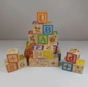 Lot 40 Of Large 1.75" Wood Wooden Building Blocks Letters Numbers & Pictures - Picture 1 of 5