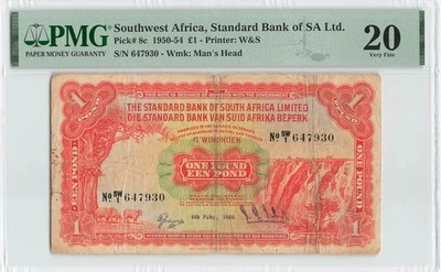 SOUTHWEST AFRICA 1 Pound 1950, P-8c, Standard Bank of S.A. PMG 20 VF, Rare Type - Image 1 of 2