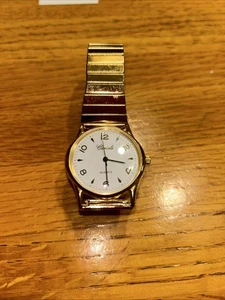 VTG Cariole Quartz Watch Unisex Gold Tone White Dial Stretch Analog New Battery - Picture 1 of 9