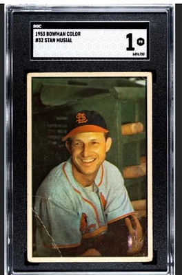 STAN MUSIAL 1953 BOWMAN COLOR SGC 1 ! *JUST GRADED ! *DEAD CENTERED ! *HOFER ! - Image 1 of 2