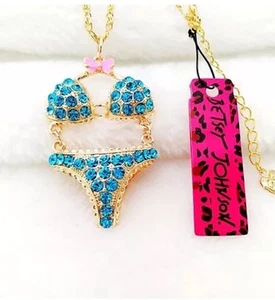 Betsey Johnson Necklace Bikini Sexy Gold Blue Crystals Summer Beach - Picture 1 of 2