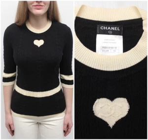 Women's CHANEL CC Heart Logo Knit Wool Sweater 3/4 Sleeve RARE Black 44 ~S - Picture 1 of 11