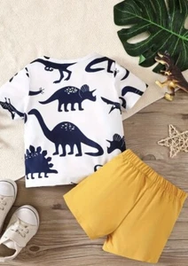 2 Pcs Infant & Toddler ‘s Dinosaur Print Tea Shirt &casually Short 11-24 MTS - Picture 1 of 5