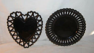 2  Antique Black Glass Dishes Heart and Reticulated Dish - Picture 1 of 4
