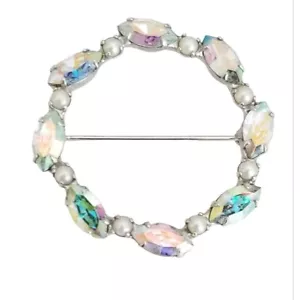 B David Silver Tone AB Pastel Rhinestone Faux Pearl Round Open Brooch Pin, M354 - Picture 1 of 6