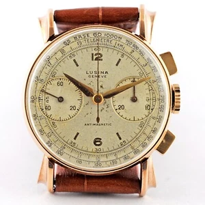 18K SOLID ROSE GOLD LUSINA SWISS CHRONOGRAPH CAL VALJOUX 23 SERVICED WORKING - Picture 1 of 15