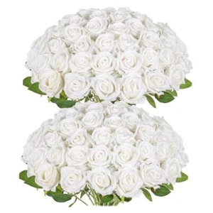 50PCS Fake Roses, Artificial Flowers Bulk Realistic Silk Faux 50 Pcs White - Picture 1 of 7