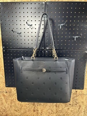 NWT Women’s Tommy Hilfiger Black Tote Purse, Gold Accents, TH Logos Stamped - Image 1 of 4