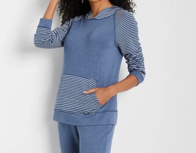 Chicos Hoodie Pullover Women 3 /XL Blue Nautical Weekend Stripe kangaroo pocket - Image 1 of 4