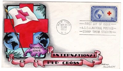 #1016 Red Cross Dorothy Knapp Hand Painted Cachet 1952 FDC - Image 1 of 2