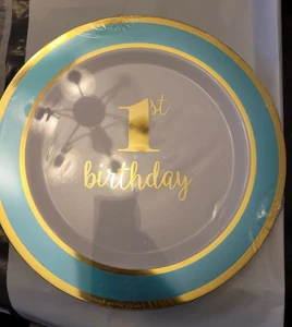 amscan 10 1/2 Premium Paper Plates 1st Birthday with Blue Border Party Supplies, - Picture 1 of 3