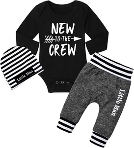 Newborn Baby Boy Clothes New to the Crew Letter Print Romper+ Pants+Hat 3PCS Out - Picture 1 of 12