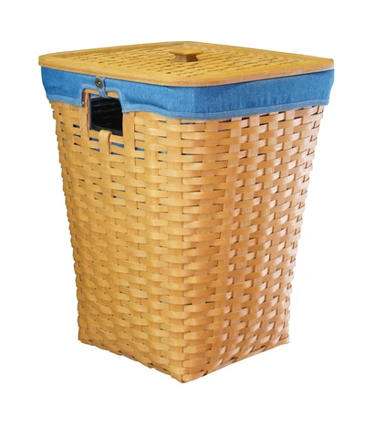 1990s Vintage Longaberger Large Woven Laundry Hamper Waste Basket Denim Lining Cover