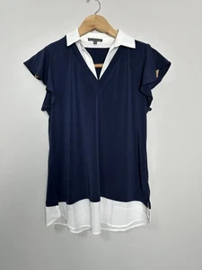 Adrianna Papell Size Small Womens V neck Flutter Sleeve Blouse Navy Blue White - Picture 1 of 6