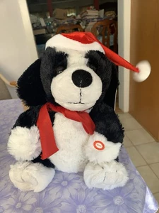 Jingle Bells animierter musikalischer tanzender Hund Plüsch schwarz & weiß rot Schal neu Etikett - Bild 1 von 24