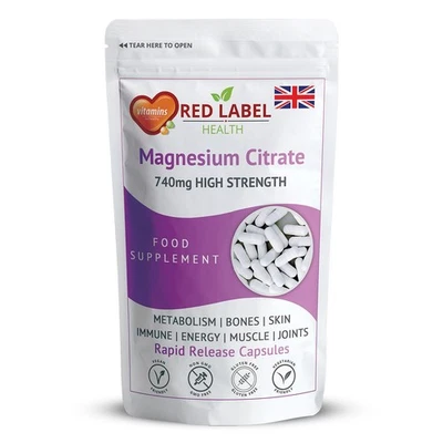 RED LABEL HEALTH Magnesium Citrate 740mg - 365 Capsules High Strength Fatigue & PMS