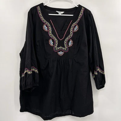 Croft & Barrow Womens Embroidered 3/4 Sleeve Top Size 2X Black Boho Artsy - Image 1 of 4