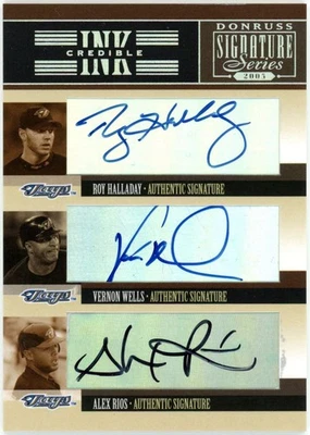 Donruss Signature Series 2005 INKcredible Roy Halladay, Wells y Rios automático Foto 1 de 2