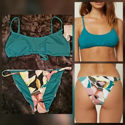 O'neill Calla Floral Bikini Green Bralette Top & Floral String Bottom $90 - Image 1 of 4