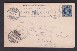 Ceylon 1894 QV 5c stationery card to Zurich written Wilsons Bungalow + Wilson's  - Picture 1 of 2