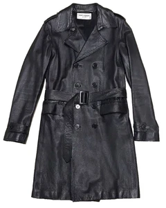 15Aw Saint Laurent Paris Leather Trench Coat Jacket Black Men's Size 44 - Picture 1 of 8