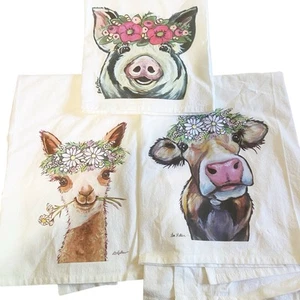 Lee Keller Tea Towels Lot Of 3 Farm Animals Cow Pig Alpaca Kitchen Flour Sack - Picture 1 of 10