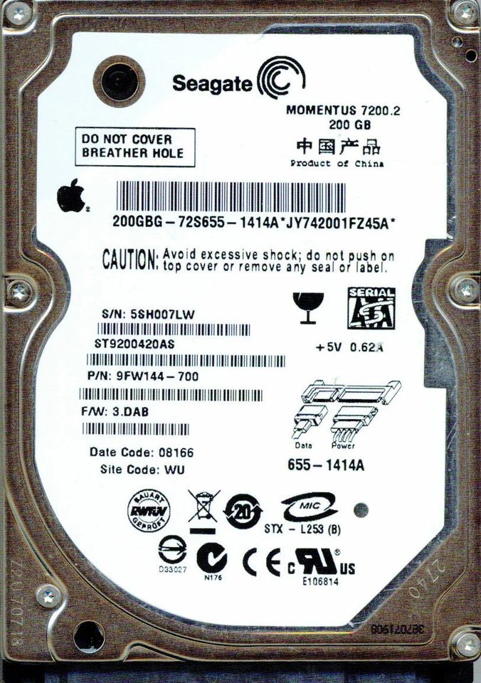 ST9200420AS P/N 9FW144-700 F/W 3.DAB,  WU, 5SH  SEAGATE SATA 200GB  - Image 1 of 1