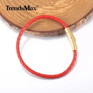 4 mm für Unisex Rot Geflochten Leder Seil Armband Gold Farbe Druckverschluss 7/8/9/10" - Bild 1 von 8