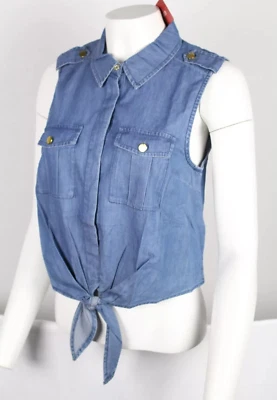 Guess Jeans Women's Denim Tank Top Olicia Chambray Tie Button Medium Blue Wash - Image 1 of 4