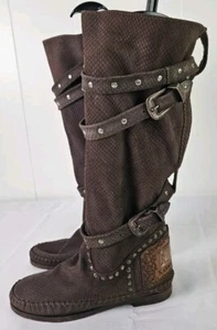 Karma of Charme Snake Print Chocolate Leather Tall Boots Sz 38 EU 7.5-8 US NWOB - Picture 1 of 7