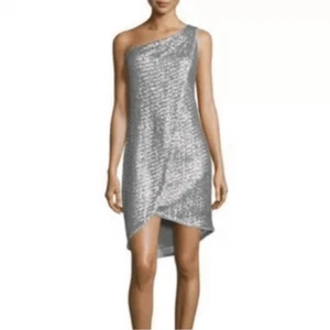 Halston All Over Silver Sequin One Shoulder Faux Wrap Tulip Dress Size 6 - Picture 1 of 11