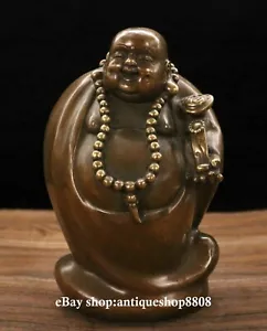 8" Old Tibet Bronze Brass Buddhism Happy Laugh Maitreya Buddha Hold Ruyi Statue - Bild 1 von 9