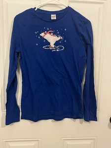 Damen Medium 100 % Baumwolle Skifahren Eisbär blau Winter Langarm Shirt GUC - Bild 1 von 6