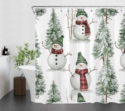 Lindo juego de cortinas de ducha de árbol de Navidad verde muñeco de nieve de invierno para decoración de baño Foto 1 de 4