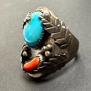 Anillo Navajo Hombre Turquesa y Coral Talla 10.75 Nativo Americano Bonita Pieza - Imagen 1 de 14