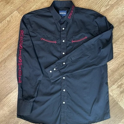 Resistol Pearl Snap Western Shirt Mens Large Black Embroidered Logo Cowboy - Image 1 of 4