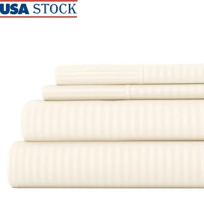 Striped Embossed Microfiber Bed Sheet Set 4 Piece Deep Pocket Hypoallergenic New - Image 1 of 4