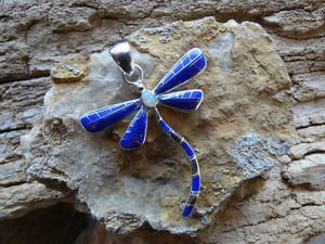 Dragonfly Sterling Silver 925 Lapis Gemstone & Opal Larger Size Pendant AP13 - Picture 1 of 9