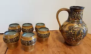 Set 7 pezzi brocca vino ceramica vintage GERTZ Germania e 6 bicchieri #3872 DIFETTI - Foto 1 di 12