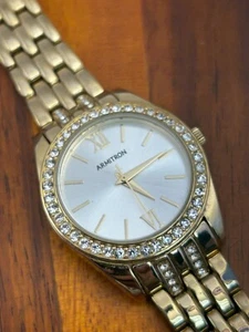 Armitron Women's Watch Crystal Pave Bezel Gold Tone 32mm - New Battery - Picture 1 of 6