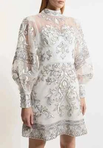 New KAREN MILLEN Grey Baroque Organdie Applique Buttoned Mini Dress RRP 279 - Picture 1 of 10