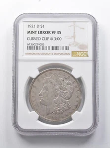MINT ERROR VF35 1921-D Morgan Silver Dollar Curved Clip @ 3:00 NGC *7870 - Picture 1 of 3