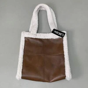 MITCHIES Leather Tote Bag Shearling Trim Button Close & Pockets Brown PRMK07 - Picture 1 of 16