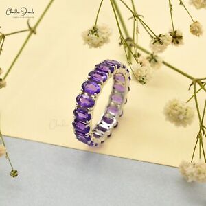 Natural Amethyst Eternity Band 5x3mm Oval Gemstone Ring 14K White Gold Gift Ring