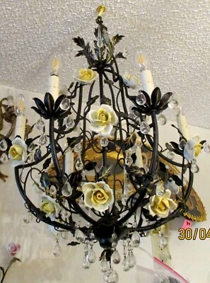 Exquisite Antique Italian Capodimonte Rose and Crystal Rain Drop Chandelier 31" - Image 1 of 4