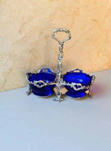 Antique Silver Plate Stand Cobalt Liners Sheffield Preserve Sweet Pickle Dishes - Picture 1 of 10