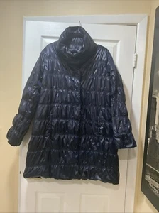 Cappotto Eileen Fisher blu navy lucido piumino imbottito collo imbuto - adatto taglia 1X 2X - come nuovo - Foto 1 di 14