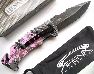 Pink Digital Camo Pocket Knife EDC Rescue Blade Cord Cutter Spring Assisted - Image 1 of 3
