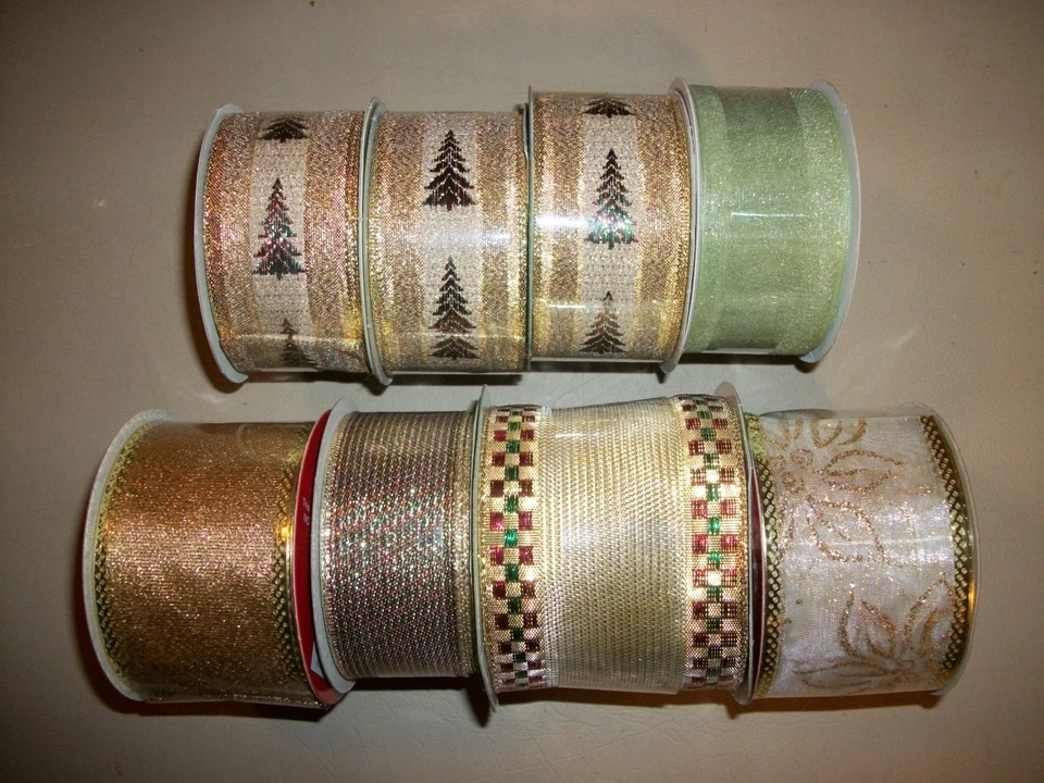 8 rolls: Premium wide/fancy Christmas gift wrapping/decor ribbon/gold/red/green* - Image 1 of 1